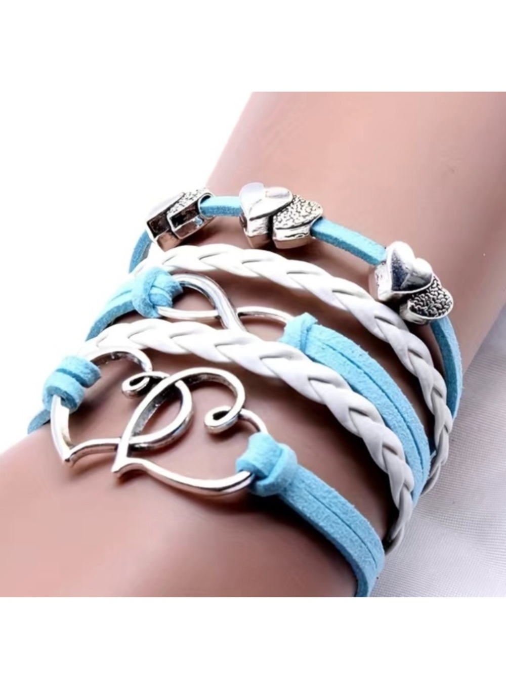 Light Blue & White Leather Multi Layer Double Heart Infinity Bracelet